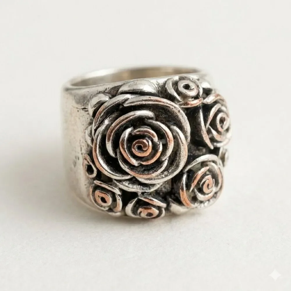 Vintage Sterling Silver Chunky Rose Statement Ring Size 7